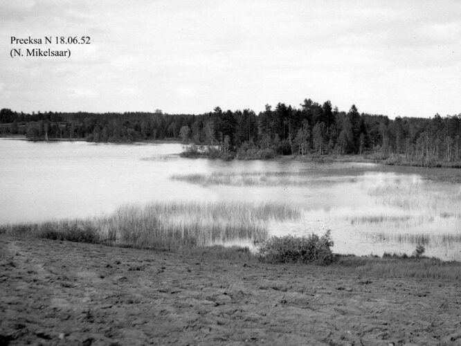 Maakond: Võrumaa Veekogu nimi: Preeksa järv Pildistamise aeg: 18. juuni 1952 Pildistaja: N. Mikelsaar Pildistamise koht: NE kaldalt? Asimuut: W?